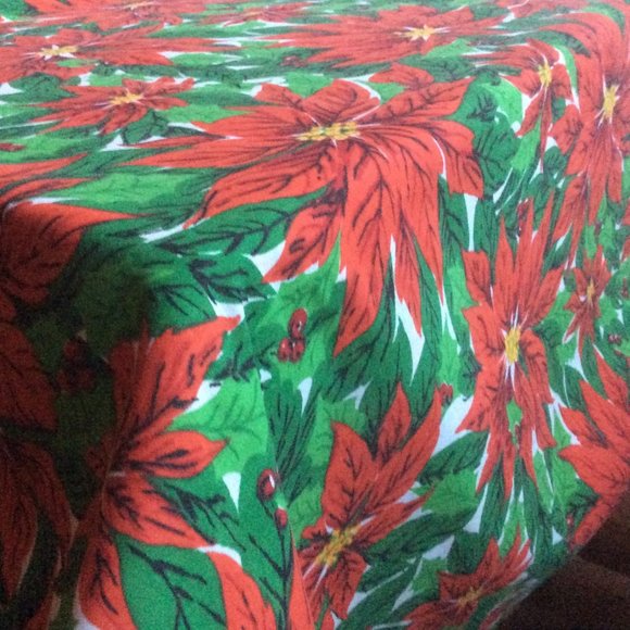 Vintage Poinsettia Vibrant Print Holiday Christmas Rectangle Tablecloth 70 x 54 - Picture 1 of 2